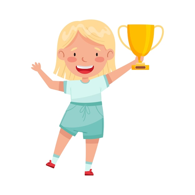 Opgewonden winnaar met gouden beker als prestatieprijs Vector illustratie