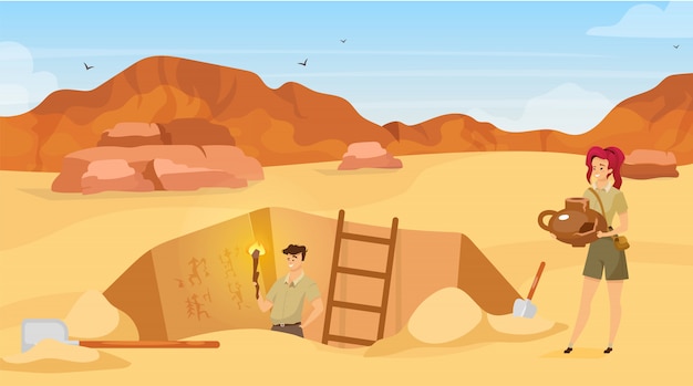 Vector opgraving vlakke afbeelding. archeologische vindplaats, man observeert muurschilderingen. zand woestijn. ontdekking van egyptische muurafbeeldingen. grondgat in afrika. expeditie cartoon achtergrond
