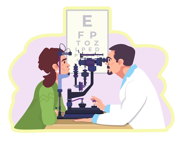 Ophthalmologist checking patient's eyesight using slit lamp eye doctors oculists appointment