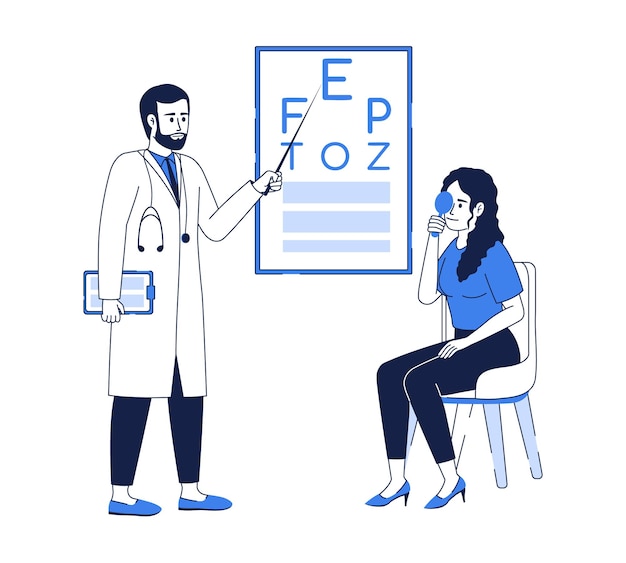 Ophthalmologist checkup flat color linear vector characters