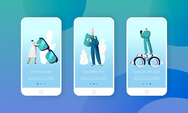 Ophthalmologist doctor check eye health mobile app page onboard screen set.