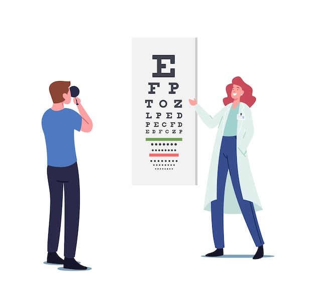 眼科医の医師は、レーザー矯正の前に患者の視力をチェックします。 oculist character conduct eyecheck、professional optician exam treatment、healthcare。漫画の人々のベクトル図