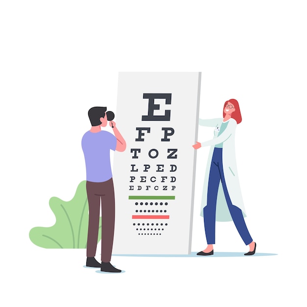 Ophthalmologist doctor check up patient eyesight for vision correction. oculist character conduct eyecheck, exam