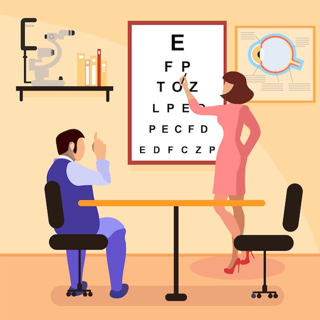 Vettore oftalmologo testing eyesight flat illustration