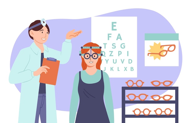 Ophthalmologist and woman concept Doctor with patient Young girl checks her eyesight Diagnosis health care and treatment Character chooses eyeglasses Cartoon flat vector illustration