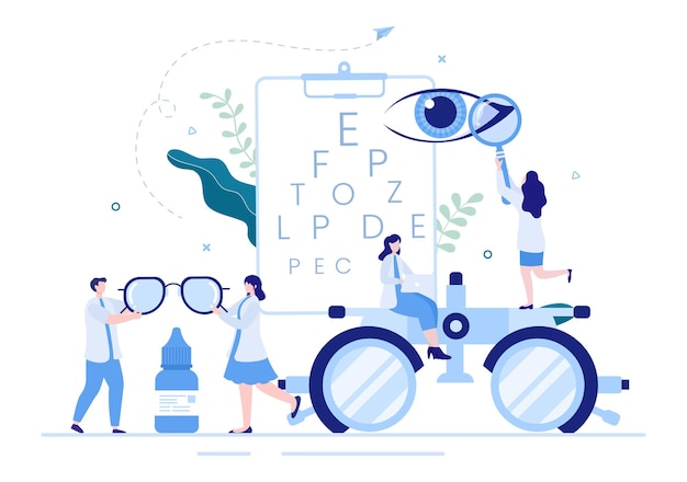 Ophthalmology of Check Patient Sight Optical Eyes Test and Choosing Eyeglasses Lens in Illustration