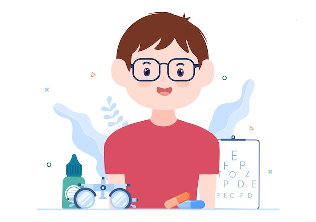 Ophthalmology of check patient sight optical eyes test and choosing eyeglasses lens in illustration