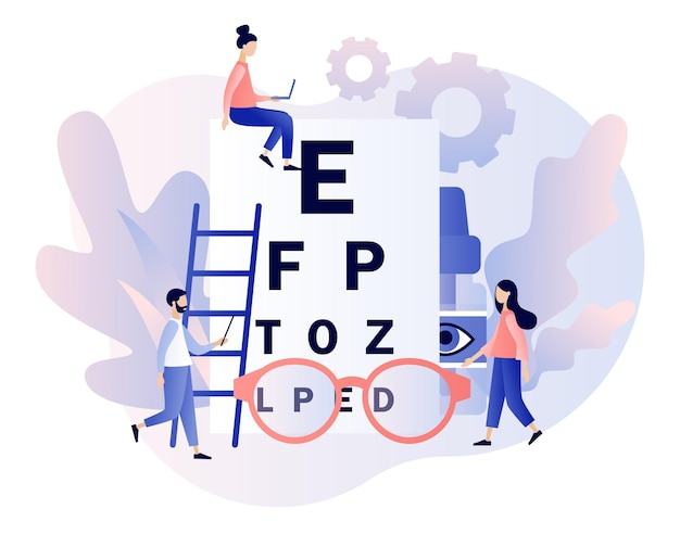 Ophthalmology concept Eye check up Ophthalmologist checks patient sight Modern flat cartoon style