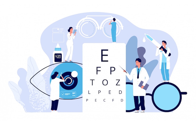 Vector ophthalmology concept. ophthalmologist checks patient sight.
