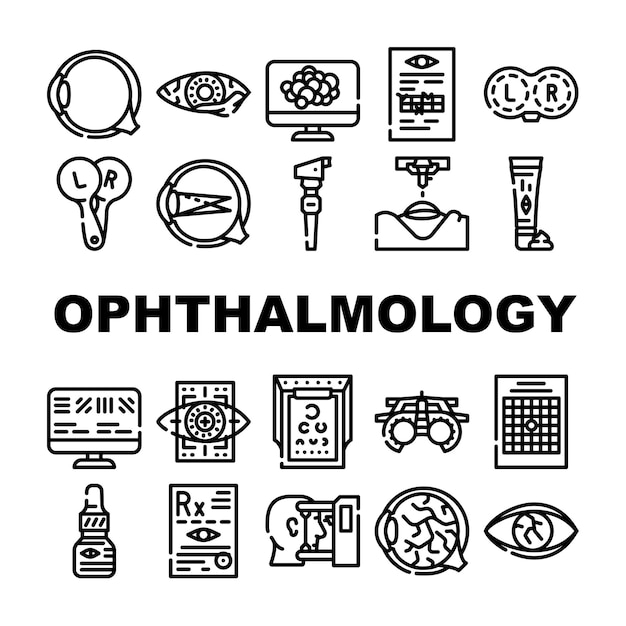 Vector ophthalmology eye disease treat icons set vector amsler table and retinoscope lasser correction and trial frame medicine ophthalmology hospital equipment contour illustrations
