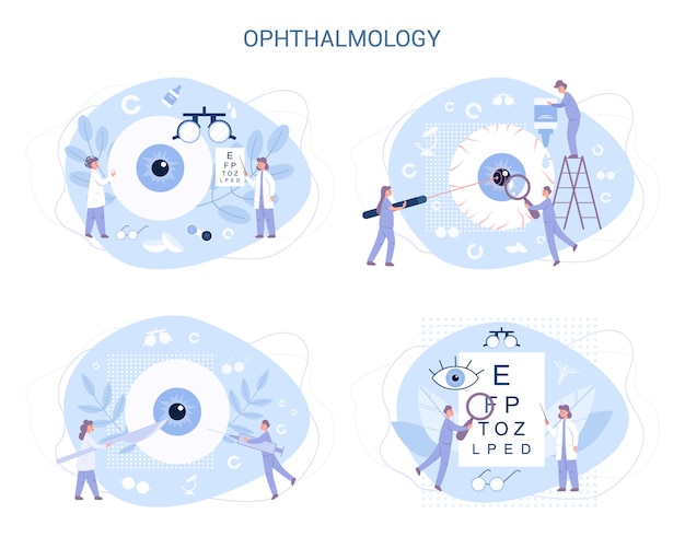 Vettore oftalmologia. idea di cura degli occhi e della vista. set per il trattamento oculista. esame e correzione della vista.