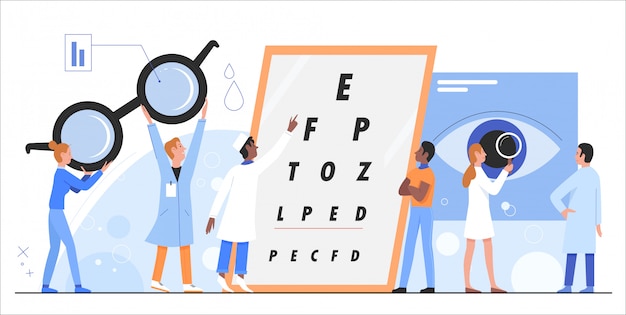 Vettore illustrazione di oftalmologia. cartoon piatto medico oculista oculista caratteri controllo, esaminando la salute degli occhi del paziente con test grafico di snellen, esame medico clinica isolato