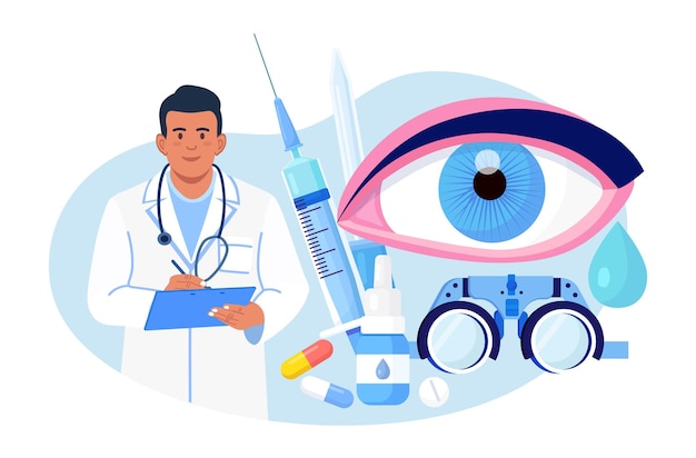 Ophthalmology medicine and optical eyesight examination. idea of eye care and vision. ophthalmologist doctor tests myopia. patient sight correction, treatment with pills drops and glasses