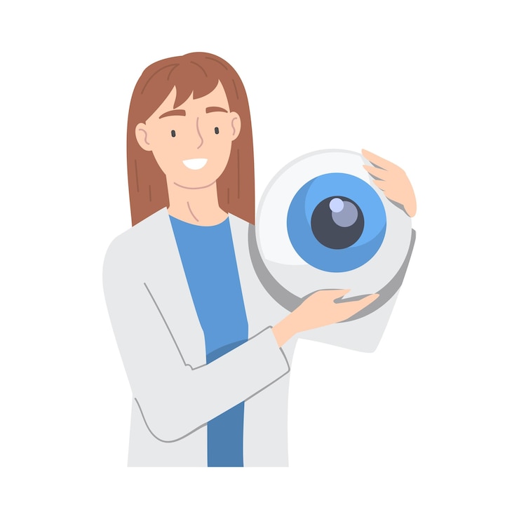 Vector ophthalmology with woman health care professional holding eye ball vector illustration