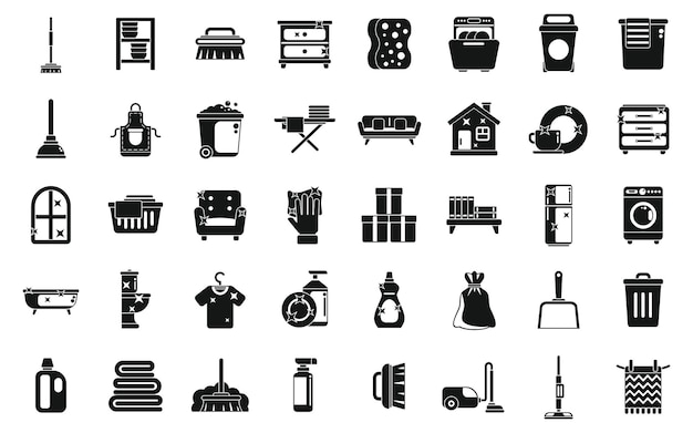 Opknappen iconen set eenvoudige vector meubels kamer schoon appartement vuil