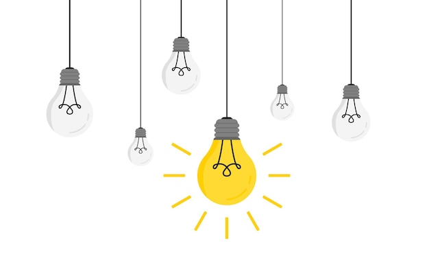 Opknoping gloeilampen met gloeiende vectorillustratie voor uw ontwerp. Trendy platte vector gloeilampen pictogrammen met concept van idee