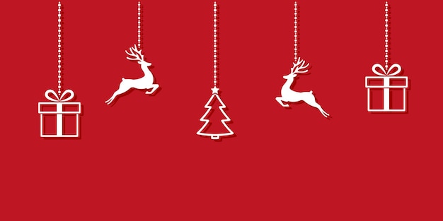 Opknoping pictogrammen herten geschenkdoos kerstboom op rode achtergrond kerst patroon eenvoudige winter vakantie ontwerp vectorillustratie