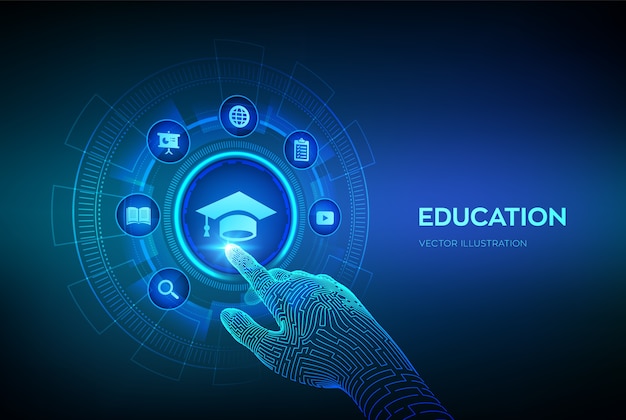 Opleiding. innovatief online e-learning concept. webinar, kennis, online trainingen. robotachtige hand wat betreft digitale interface.