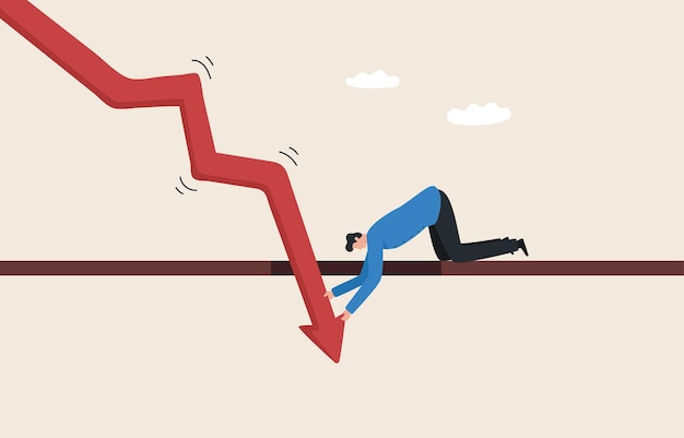 Vector oplossingen voor een economische recessie inflatie de impact van de economische crisis grafiek fall down zakenman trekt met volle inspanning naar beneden vallende pijl