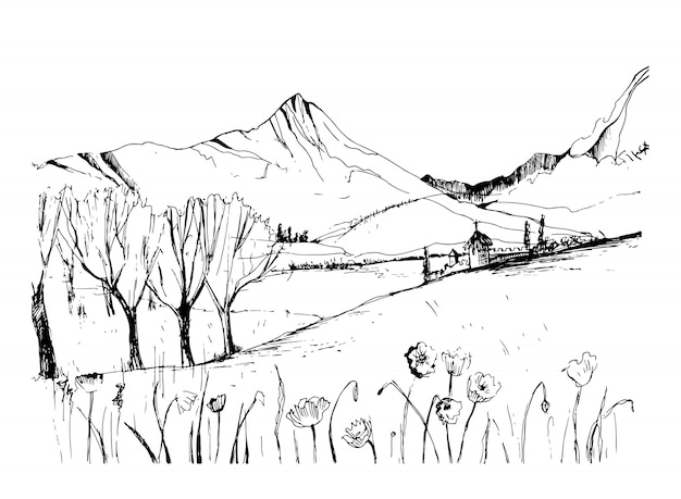 Opmerkelijke Georgische landschapsschets. Zwart-wit hand getrokken schets vectorillustratie.