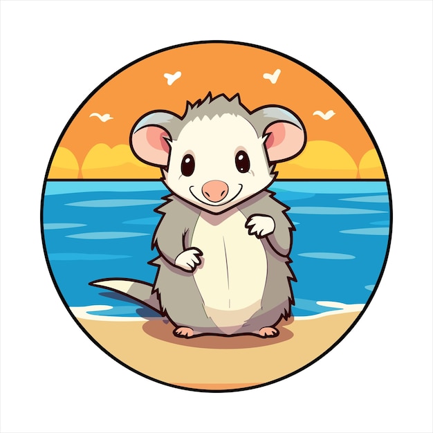 Opossum Cute Funny Cartoon Kawaii Colorful Watercolor Beach Summer Animal Pet Sticker Illustration