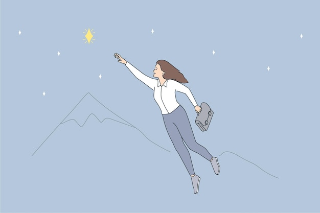 Opportunities and business leadership concept. Young smiling business woman cartoon character flying up going to reach star flying in air vector illustration