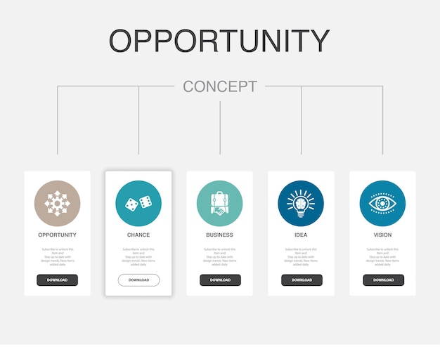 機会チャンス ビジネス アイデア ビジョン アイコン インフォ グラフィック タイムライン レイアウト デザイン テンプレート 5 つのステップで創造的なプレゼンテーション コンセプト