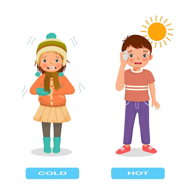 Opposite adjective antonym words cold and hot illustration of little girl shivering and boy sweating