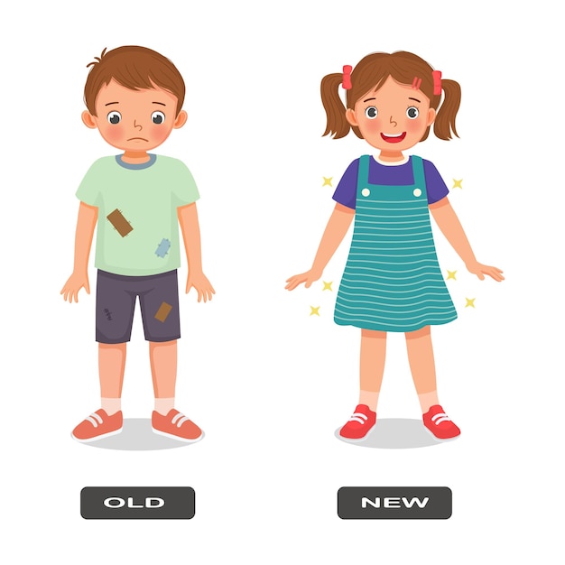 ベクトル 反対の形容詞の反意語の古いものと新しいイラストの小さな子供たちの服を着る