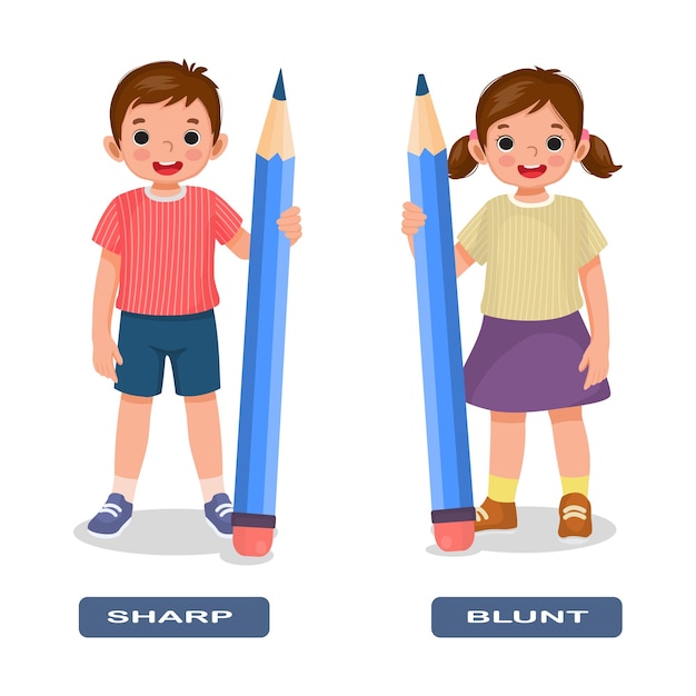 Opposite adjective antonym words sharp and blunt illustration of little kids holding pencils