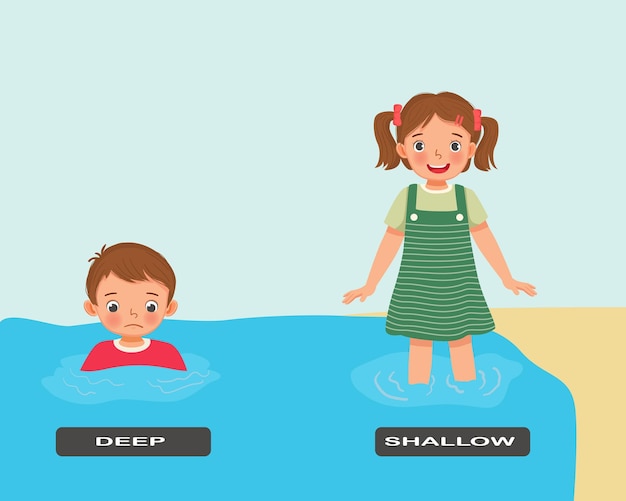 Opposite adjective words deep shallow illustration of little boy and girl standing on beach in water