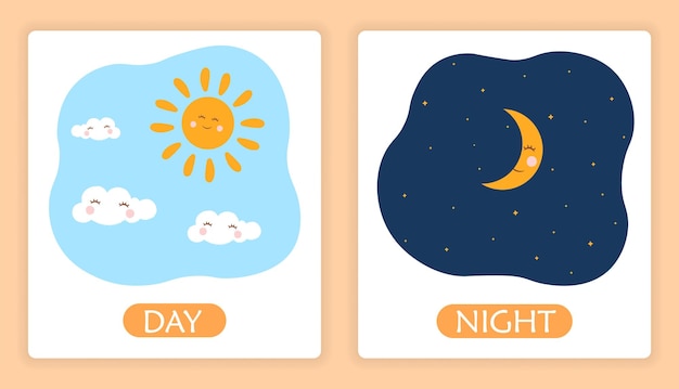 Opposite adjective words with day and night on white background concept of colorful templates for