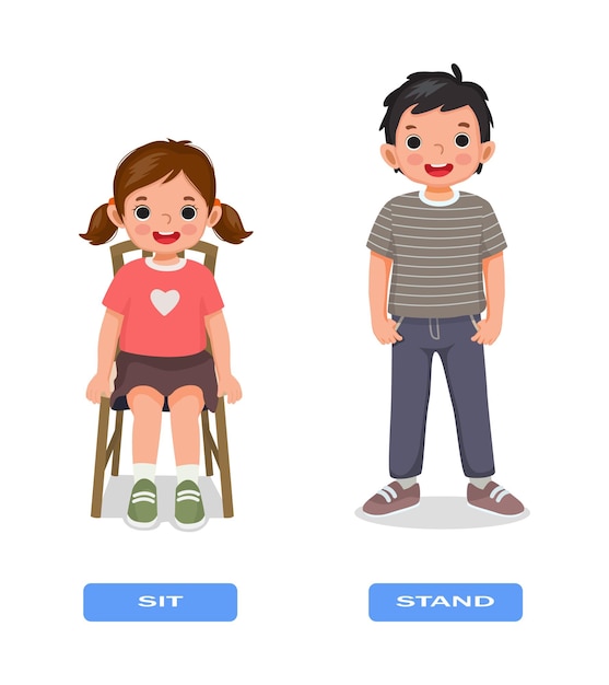 Opposite antonym words sit and stand illustration of little girl sitting on a chair and boy standing