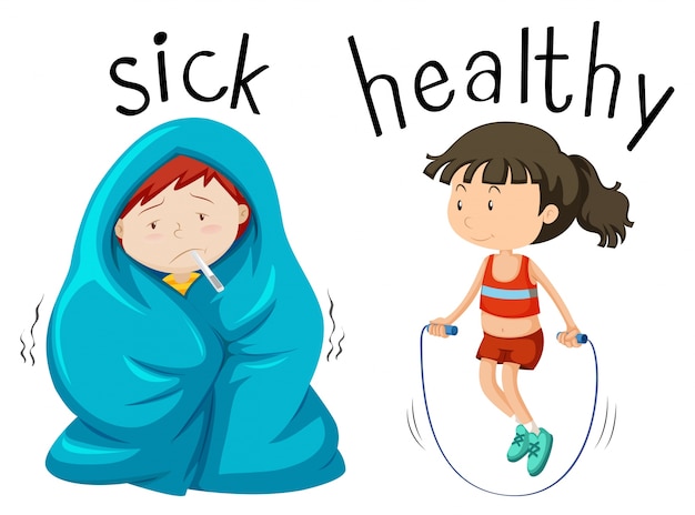 Opposite wordcard for word sick and healthy