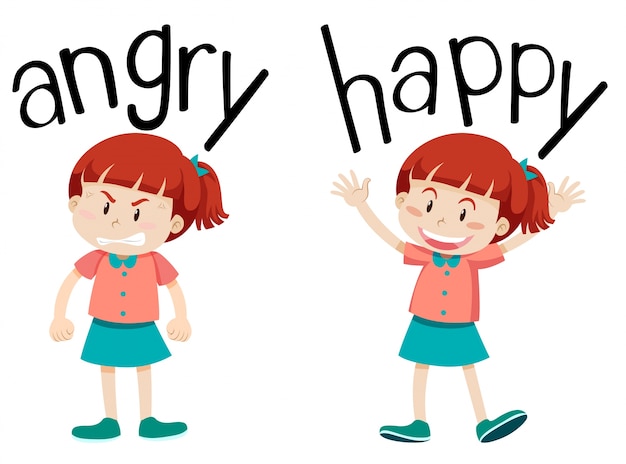 Opposite words for angry and happy 