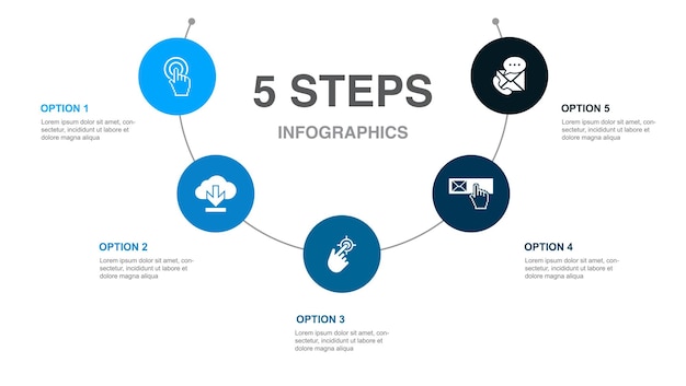 Vector oproep tot actie download klik hier abonneer contact met ons op iconen infographic ontwerpsjabloon creatief concept met 5 stappen