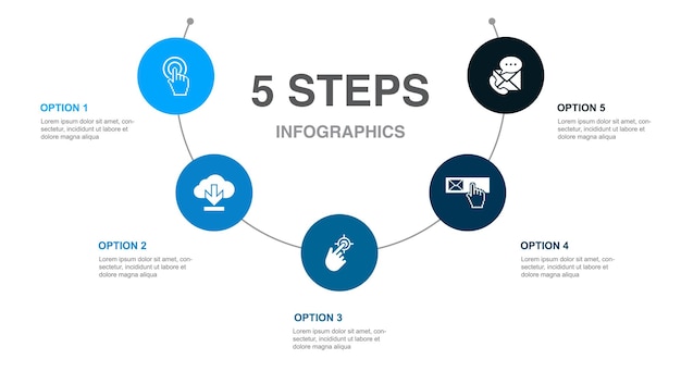 Oproep tot actie download klik hier abonneer contact met ons op iconen Infographic ontwerpsjabloon Creatief concept met 5 stappen