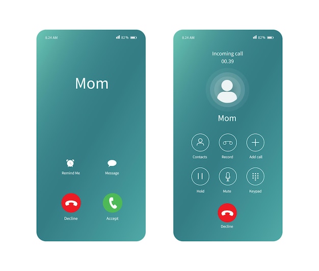 Oproepscherm smartphone-interfacesjabloon platte ui ux voor toepassing mockup inkomend oproepscherm