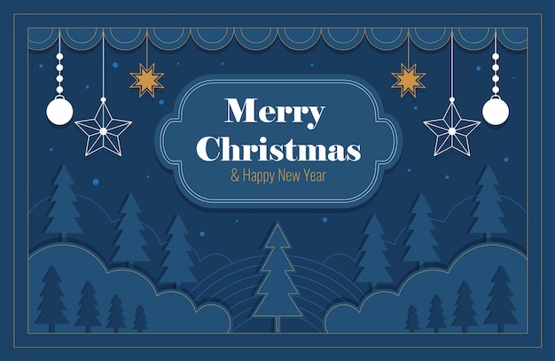 Opschrift Prettige Kerstdagen en Gelukkig Nieuwjaar Kerstbanner met kerstbomen in de wei en hangend kerstspeelgoed in papiertechniek