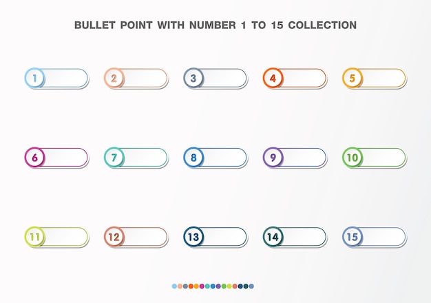 Opsommingsteken met nummerverzameling. getallen van 1 tot 15. infographic knoppen en punten. eenvoudig te ontwerpen