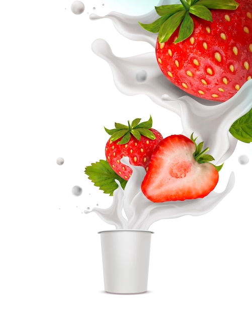 Opspattende aardbeiyoghurt met vers fruit en kopcontainer