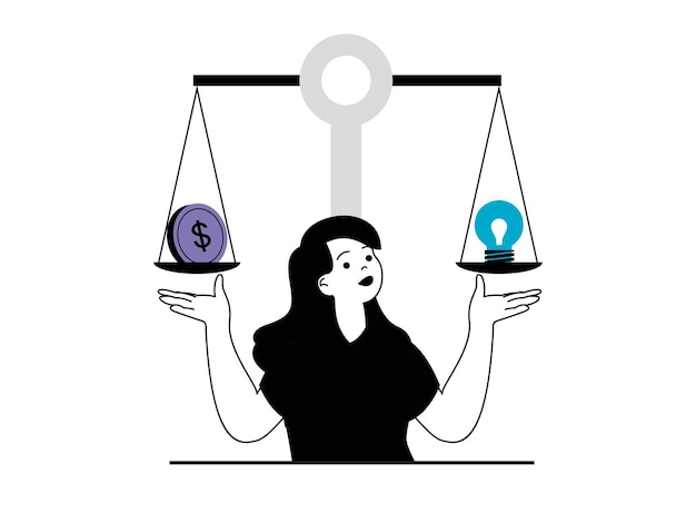 Opstartconcept met karaktersituatie Vrouw denkt en neemt beslissing investeert geld in zakelijke projectanalyse en bereikt doelen Vectorillustratie met mensenscène in plat ontwerp voor web