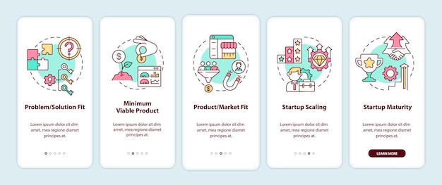 Opstartlevenscyclusfasen onboarding paginascherm voor mobiele apps. Zakelijke lancering walkthrough 5 stappen grafische instructies met concepten. UI, UX, GUI vectorsjabloon met lineaire kleurenillustraties