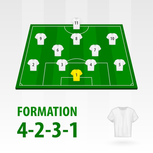 Opstellingen van voetballers, formatie 4-2-3-1. Voetbal half stadion.