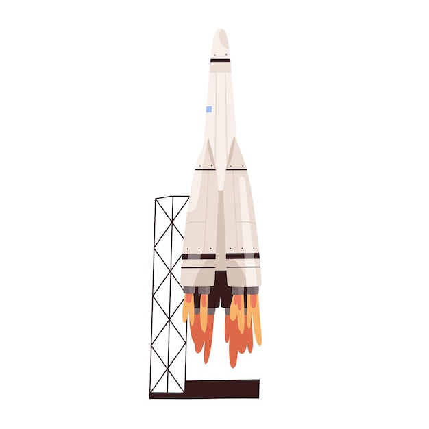 Opstijgen van de raketshuttle. Raketschip schiet weg van ruimtehaven. Ruimteschip lancering naar de ruimte of kosmos. Platte vectorillustratie van kosmische intergalactische raket geïsoleerd op een witte achtergrond.