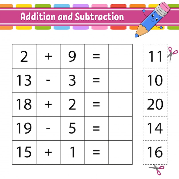 Optellen en aftrekken. Taak voor kinderen. Knippen en plakken. Werkblad voor het ontwikkelen van onderwijs.