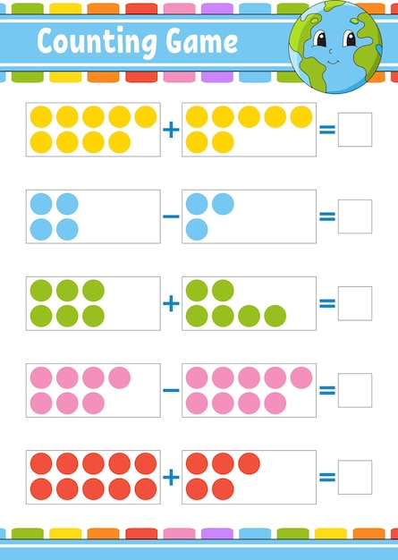 Optellen en aftrekken. Taak voor kinderen. Onderwijs ontwikkelen werkblad. Activiteit kleurenpagina. Spel voor kinderen. Grappig karakter. Geïsoleerde vectorillustratie. cartoon-stijl.