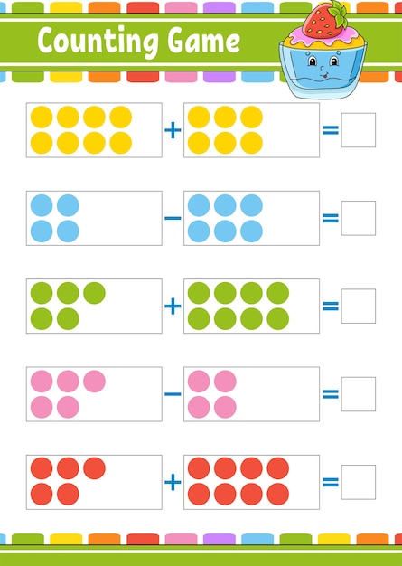 Optellen en aftrekken. taak voor kinderen. onderwijs ontwikkelen werkblad.