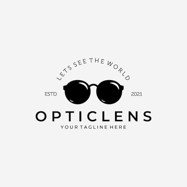 光学レンズのロゴのベクトルのデザインヴィンテージイラスト、眼鏡のロゴ、眼鏡のベクトル、世界を見てみましょう、クリアシーイング、眼鏡のイラスト