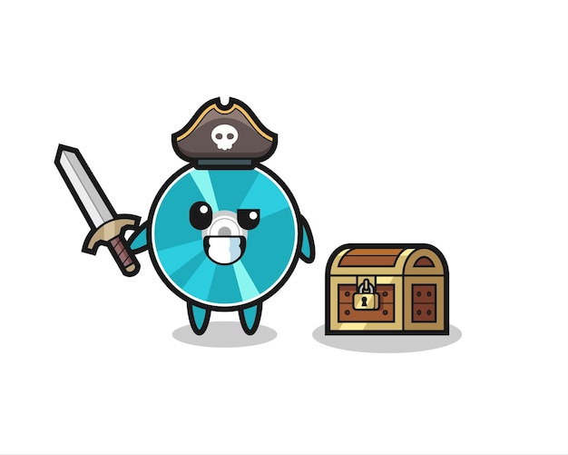 Il personaggio pirata del disco ottico che tiene la spada accanto a una scatola del tesoro, design in stile carino per maglietta, adesivo, elemento logo
